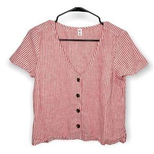 BP. Women's Red and White Striped Button Short-sleeved Cotton Shirt Size M